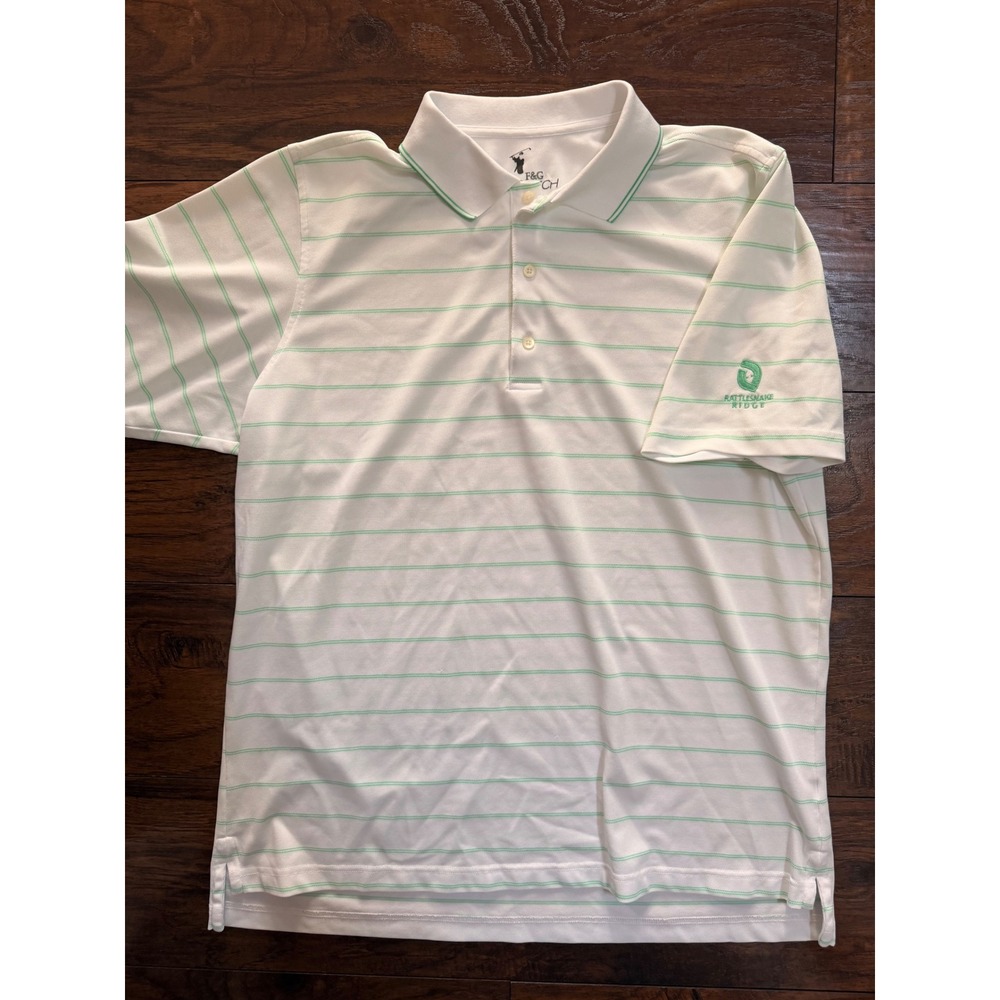 F&G Tech Mens XL Golf‎ Polo Shirt White Green Striped Rattlesnake Ridge Logo